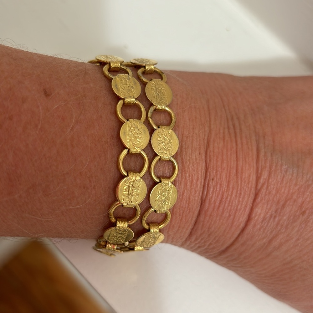 Two (2) 70s Sarah Coventry Gold-Tone Coin Link Bracelets Signed
